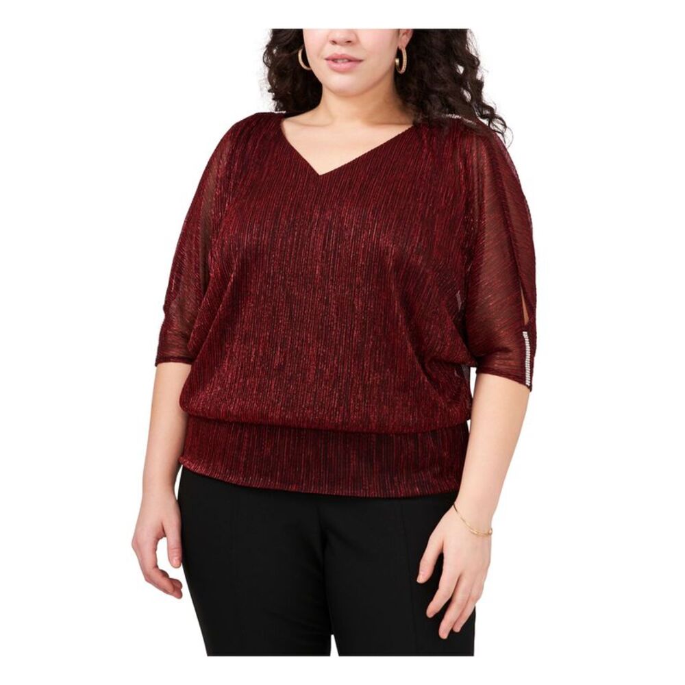 MSK WOMEN Womens Red 3/4 Split Sleeves Elastic Waist V Neck Party Blouse Plus 3X
